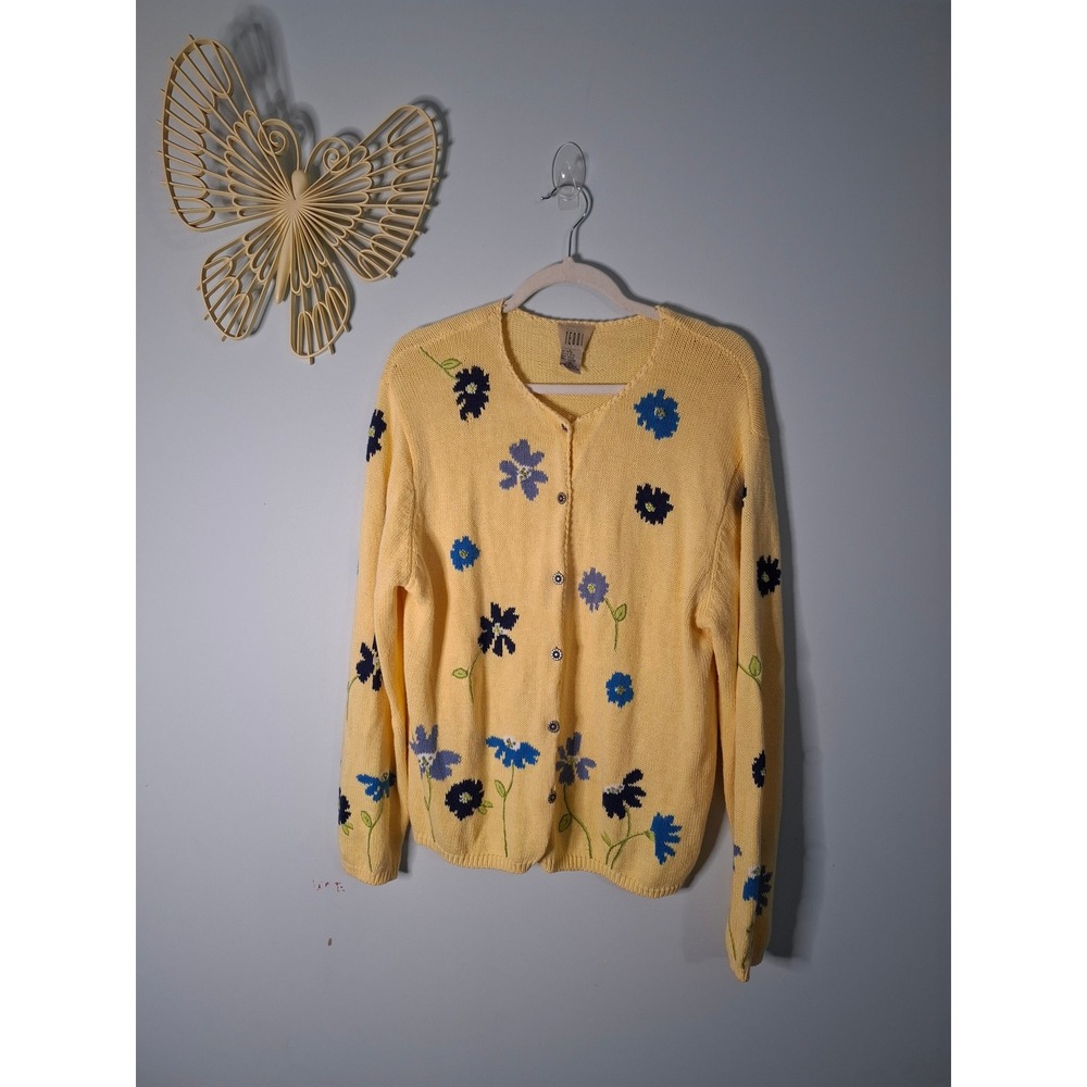 Vintage Teddi Yellow Floral Knit Cardigan Sweater Ramie Cotton Large